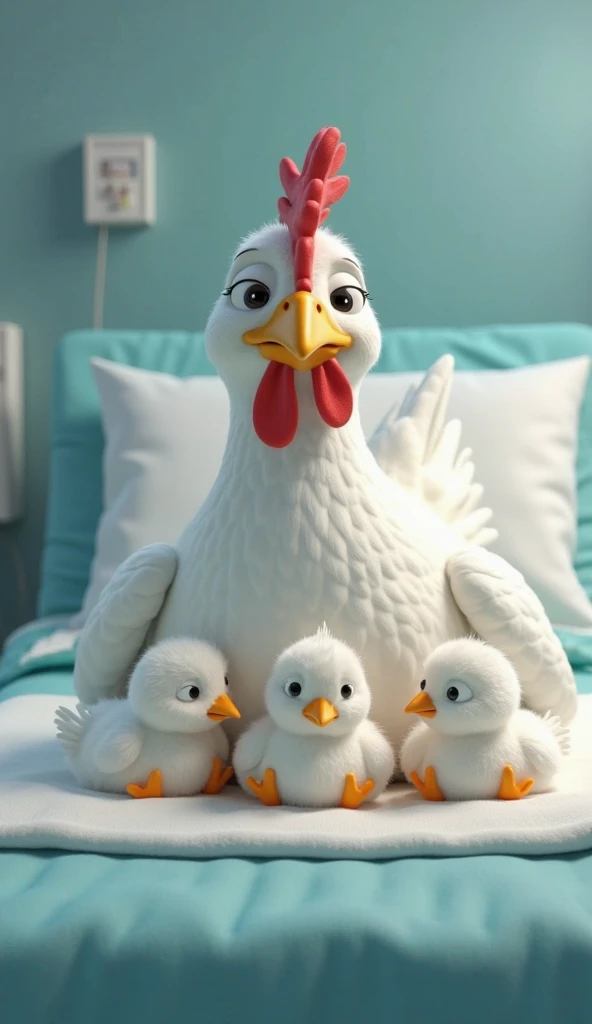 The giant female white hen is lying in a hospital bed with a peaceful expression. Three white tiny newborn chicken  with soft fur are nestled beside her, looking adorable. Doctors smile in the background..3d pixar style
