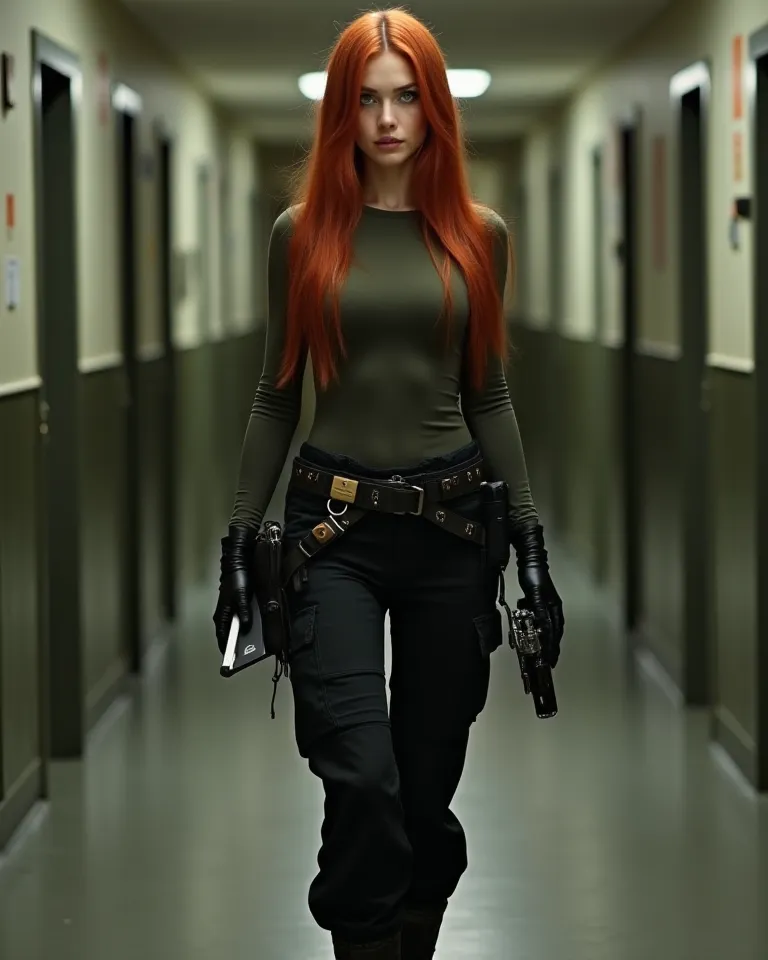 Pretty red-haired girl with green eyes. hourglass bodies, curvilinear and flat abdomen. She has long straight hair. has a septum in his nose. He is wearing black military-style cargo pants, black boots and a top over the navel. He has a tablet in his hands...