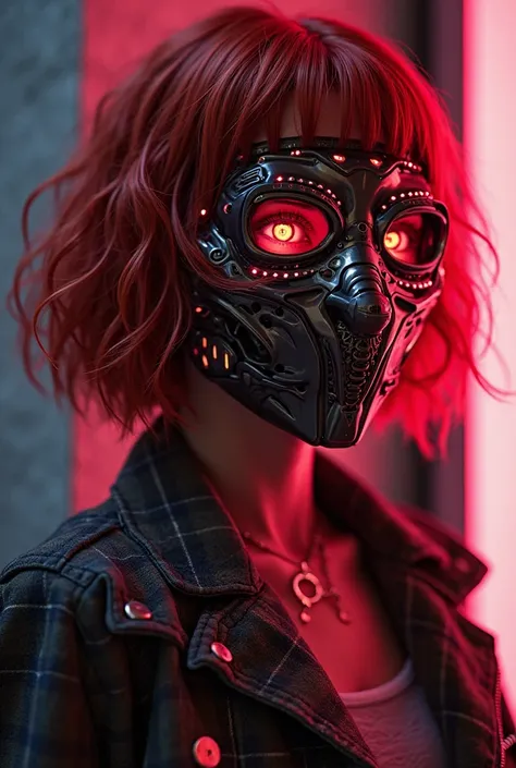 MAKE a Brazilian female character with short red hair, your mask has a technological display, metallic and well visible.and this face is a red neon and your mask has military characteristics, sreetwere, Cyberpunk tactic. Wear a casual grunge outfit. Does y...