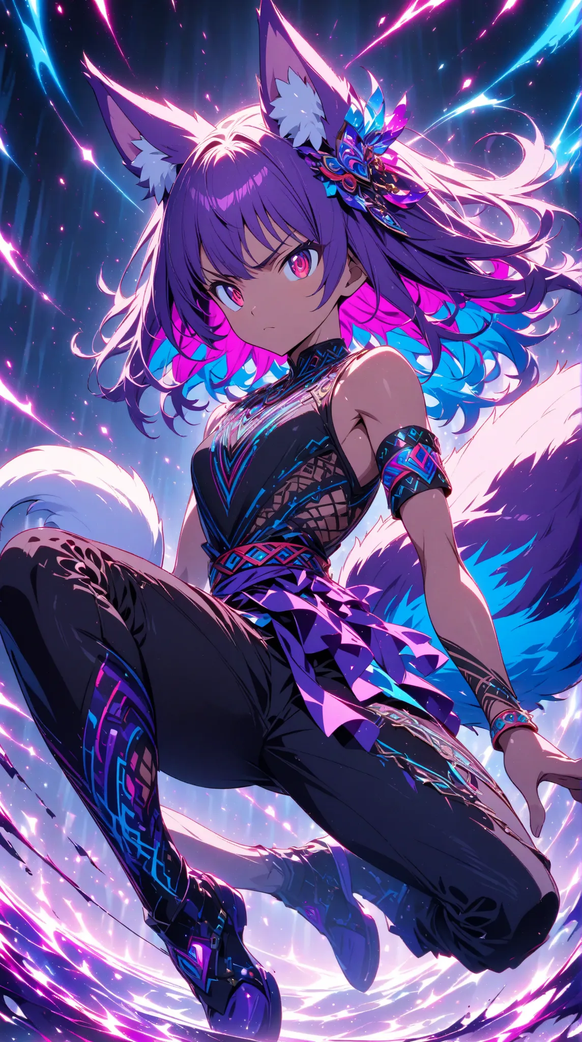 age boy, anime style, with fox ears and tail, serious expression.  Deep purple hair, amber eyes, fair skin, toned physique.  Wearing a sleeveless top, dark purple sash, and dark pants, adorned with intricate, tribal-inspired jewelry and armbands in shades ...