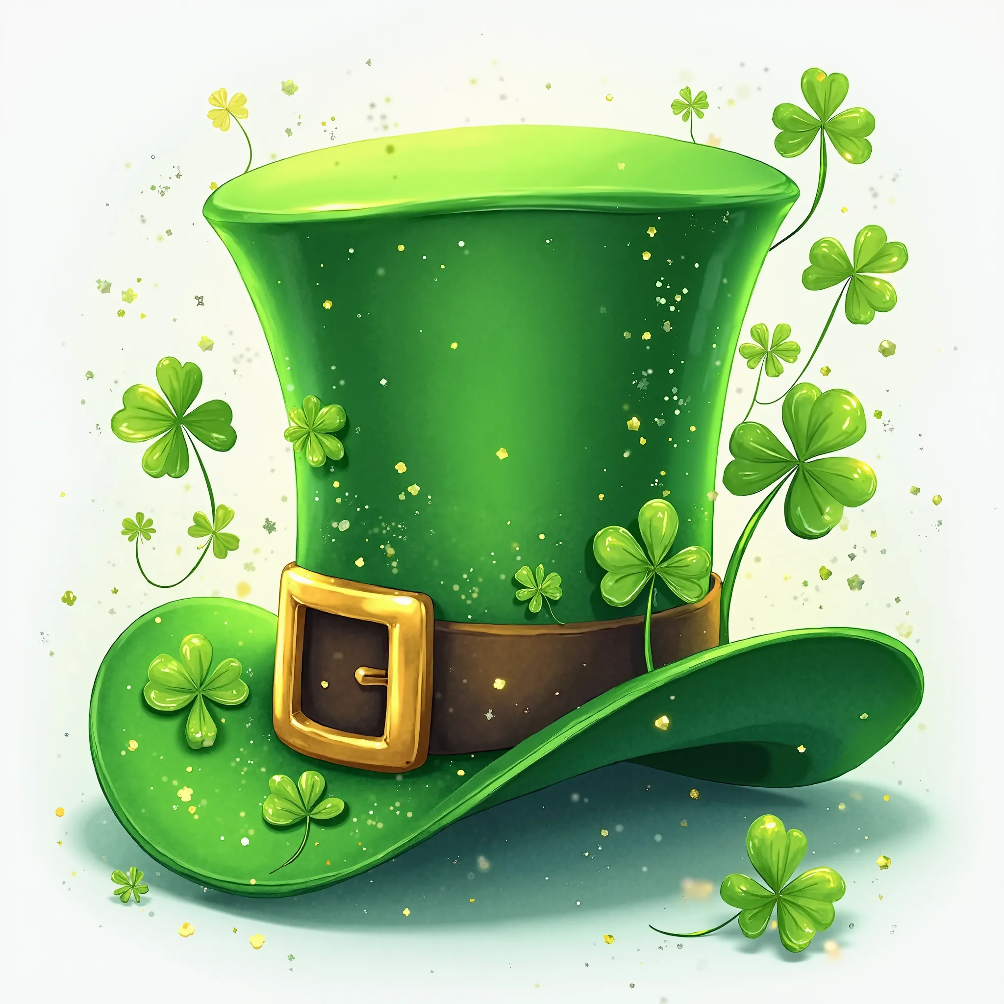 theme:,font,''happy st.patricks day'' and green clover,st Patrick's and patricks hat in decorations style ,hd,ultra shining,white background