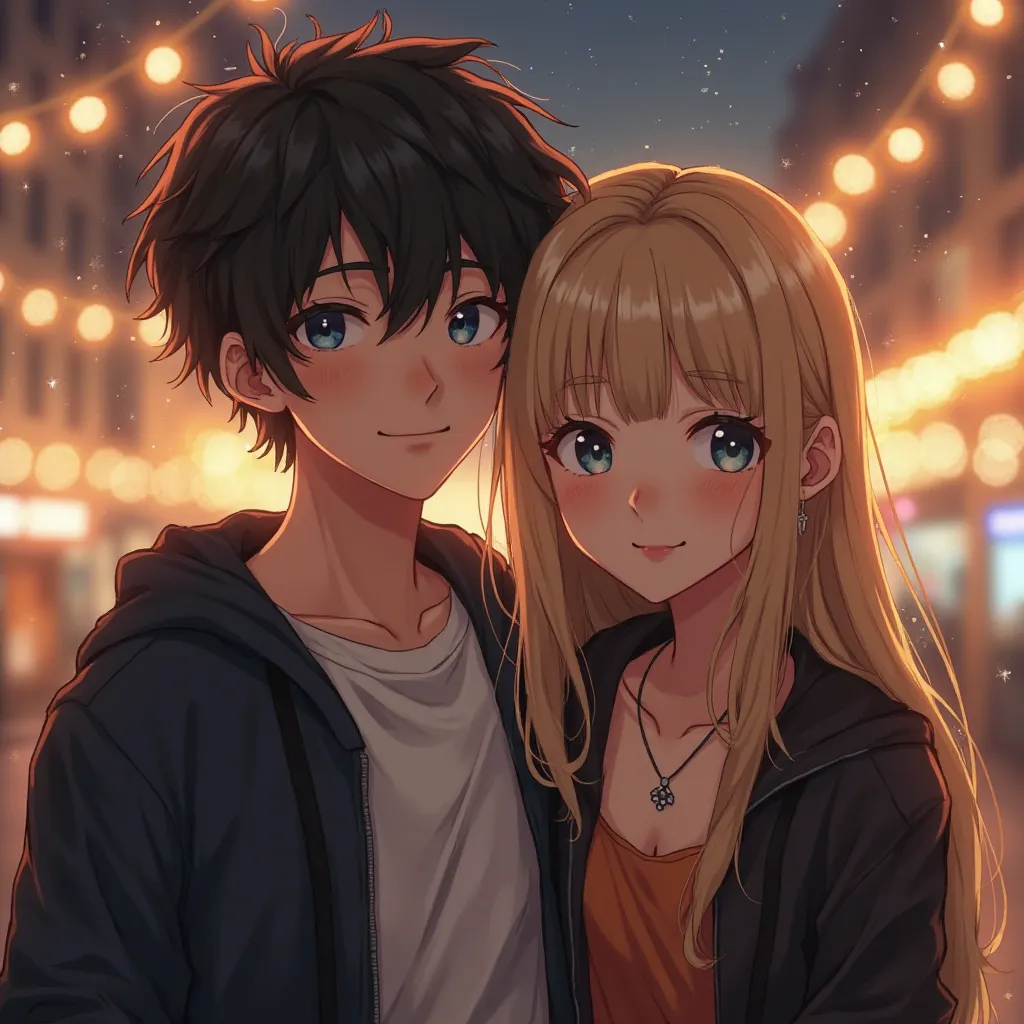 The image is a digital illustration in semi-realistic anime style with a warm and romantic air. It shows a young couple posing together

The boy, with slightly disheveled black hair, he has a relaxed expression with a slight smile.. Her gaze conveys trust ...