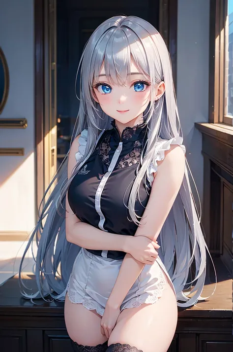  8k resolution,((Best Quality)),Ultra High Resolution, Adult Female, alone,  sexy, (gentle smile), (blue eyes), Beautiful Symmetrical Face, (silver straight long hair),gothic uniform, lace skirt,stockings,realistic:1.4,realistic:1.4,(masterpiece:1.2), Perf...