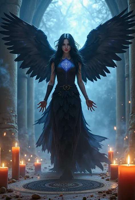 Luna's Transformation: Images of Luna taking the form of a raven or casting a spell. A scene full of magical symbols and rituals.