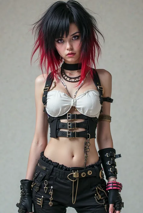 A two-toned hair with black as the base color and deep red highlights throughout.The front strands are styled to frame the face, with the red sections adding contrast.The length is layered, with choppy, uneven sections, giving it a punk or visual kei vibe....