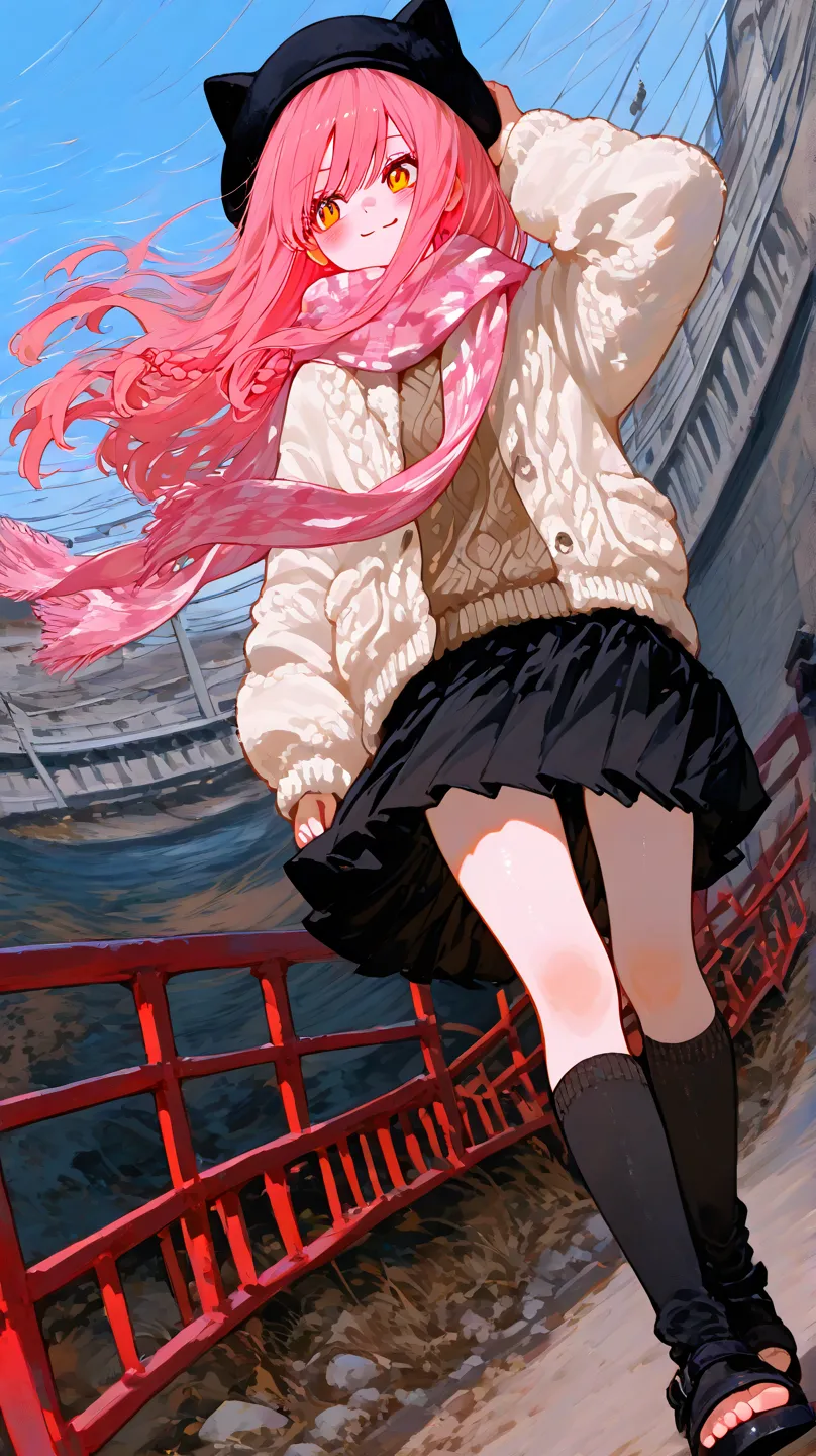 1Girl,Multicolored Hair, Random cute faces,Bridge braid hair, Curly Hair, cat ears, Perfect cat ears, amber eyes,walking,hand on headwear,blush,happy,smile,Dutch angle,Black Beret, White and pink checked scarf, Brown knit fleece shirt, Black Skirt, Knee-hi...