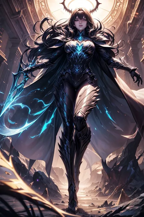 Full body image (((full body view)))dynamic and powerful depiction of Witchblade. She has long flowing brown hair, wears an intricate organic armor that fuses with her skin, running throug her body, glowing with mystical energy. Her pose is confident and c...