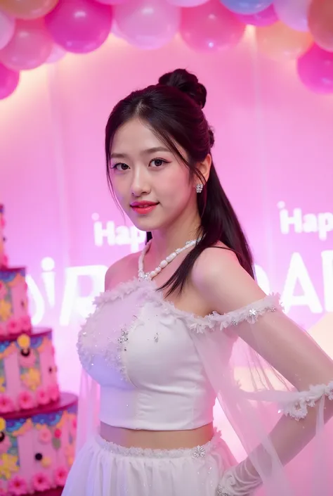 a tall girl with beautiful korean face, pale skin, red lips, a bit smile, wearing white luxury shining shimmering long sleeves dress with accessories on dress. hair chignon style brown hair with accessories pendant necklace. background neon pink fuschia an...