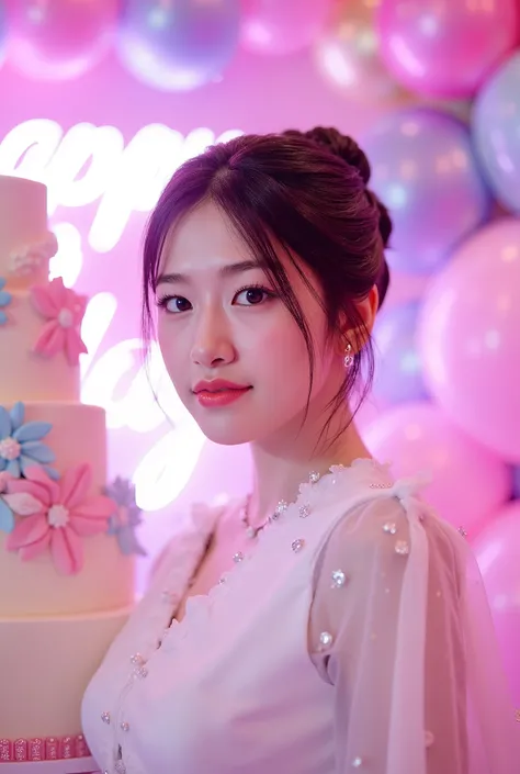 a tall girl with beautiful korean face, pale skin, red lips, a bit smile, wearing white luxury shining shimmering long sleeves dress with accessories on dress. hair chignon style brown hair with accessories pendant necklace. background neon pink fuschia an...