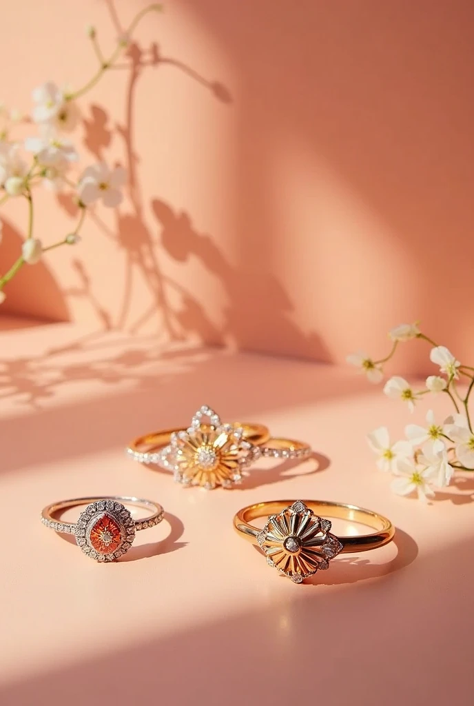 I will highlight the brand's jewelry. me creative, still life, please make jewelry photo shoot samples. May have Heart and Sun features. But it must be a studio shot. Background salmon color Please