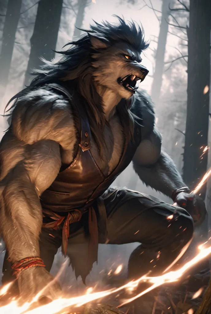 Werewolf with long hair, muscular with vest 