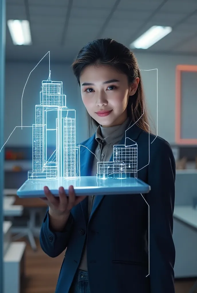 Use my face and features in general, appear and create an image of a futuristic real estate agent with a tablet projecting a building. Make it look pretty