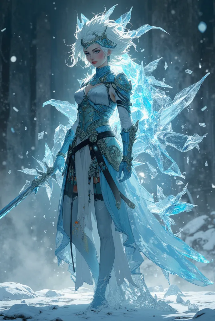 elemental ice spirit, Body made of snow and ice, Ice Spirit, scenario field like a battle,  she's wearing Spartan armor,  aura de magic, magic, dark fantasy genre, magic,  soldier,  dancing ,  8K quality,  a very detailed face,  kinematic
