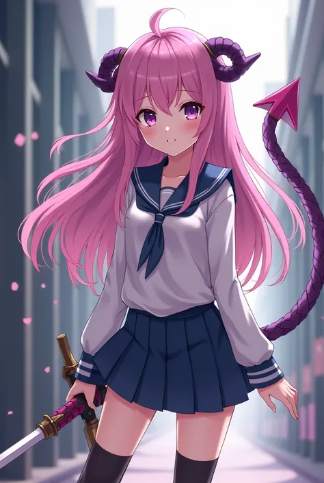 an anime character, girl of about .  long pink hair, purple eyes shirt, two small horns on the head like that of a purple sheep, succubus tail, With a whip sword. Japanese schoolgirl clothes