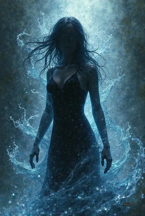 A black silhouette of a female figure in black with a water aura around her.