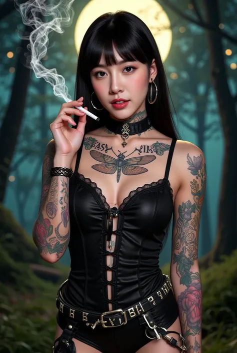 "Anime-style Brazilian woman with Brazilian facial features, jet-black, straight, long hair, and bold blunt bangs. She has a detailed dragonfly tattoo centered on her neck, a septum piercing, a nose ring, and a labret piercing. She wears cross earrings. He...