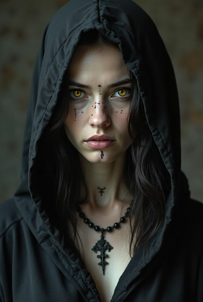 "A mysterious woman with pale skin and elegant golden-yellow eyes, wears a hooded black robe that covers part of her face. She has ornamental tribal-style chemical marks around her eyes and on the side of her face.  Her hair is long and dark , falling soft...