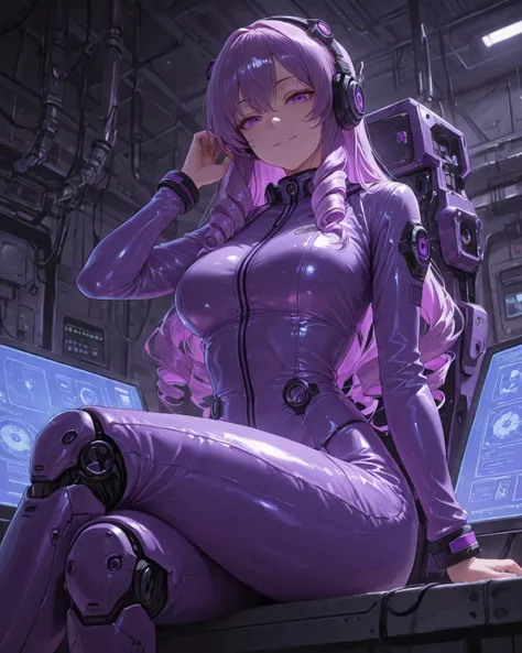 mech female, (drill hair:1.3), sideburns, (shiny purple hair:1.2), futuristic exoskeleton, futuristic instrumentation, (violet purple futuristic jumpsuit), (deboss processing decoration on body), (headphones gear), glowing purple eyes, seductive smile, dee...