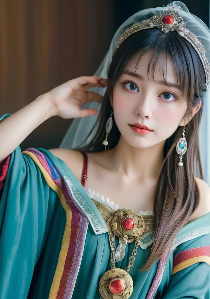 Overall body orientation: front. Female fortune teller.  charming,  beautiful、Mysterious.  she wears a blue cloak on her head and 、The face is clear 。. The background is bright and sparkling.   She wears a blue cloak on her head  .  the fortune teller is s...