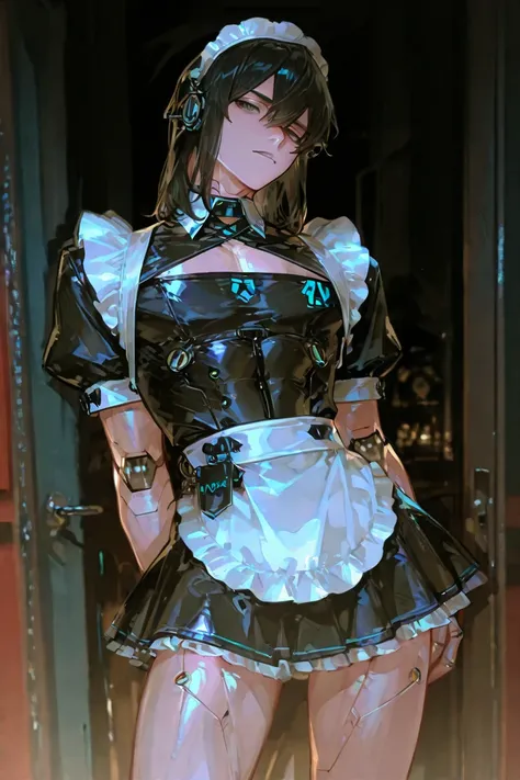 masterpiece, newest, absurdres, safe Solo, high detailed, male, handsome masculine male, Sexy male. Masculine male. Handsome Male, sexy male, Seductive, android, android body, android joints, android maid, black hair, sexy, maid outfit, maid miniskirt, bla...