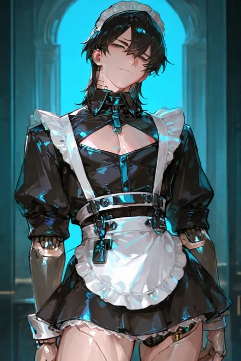 masterpiece, newest, absurdres, safe Solo, high detailed, male, handsome masculine male, Sexy male. Masculine male. Handsome Male, sexy male, Seductive, android, android body, android joints, android maid, black hair, sexy, maid outfit, maid miniskirt, bla...