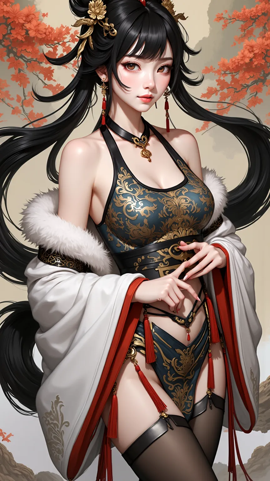 high quality, 4K, 8k, meticulous, Super Realistic, photo-realistic,  Female Portrait , Ancient Chinese woman,  Exquisite Face , Bangs, Long ponytail long hair, Light makeup,  Sexy Boobs , wearing sexy antique black red armor, Fishnet Pantyhose, elegant ges...