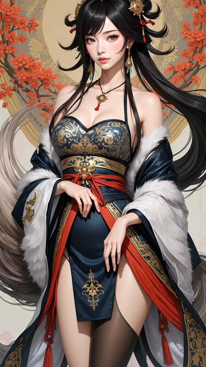 high quality, 4K, 8k, meticulous, Super Realistic, photo-realistic,  Female Portrait , Ancient Chinese woman,  Exquisite Face , Bangs, Long ponytail long hair, Light makeup,  Sexy Boobs , wearing sexy antique black red armor, Fishnet Pantyhose, elegant ges...