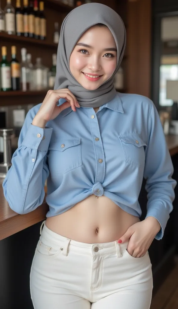 Realistic, best quality, Korean fit girl, girl with a full body posture, not thin and not fat, wearing grey Hijab , short girl, mesmerizing blue eyes, good detailed, natural skin tone, saggy breast, skin with pores, enormous hips, beautiful thick thighs, w...