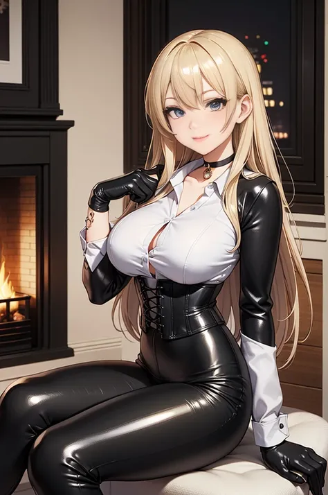 masterpiece, Anime Style, A young girl, slender body,  of foot, pose sexy, ( seen from the front ). pretty face,  seductive expression , sensual lips, draw smile,  ((big breasts)), long blonde hair, detailed eyes, blue eyes,  choker : 1.6, ((long sleeve wh...