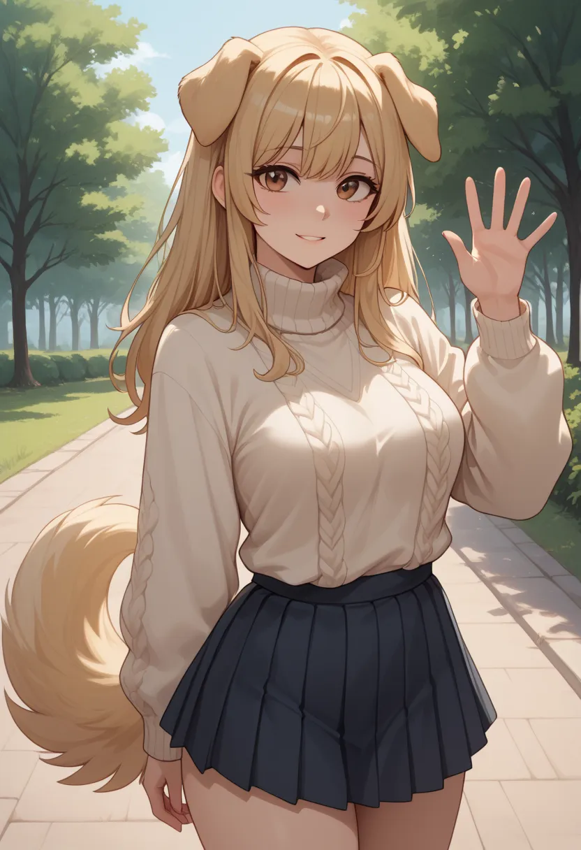 (Masterpiece) (High Detail) (High Res) A short curvy slim Humanoid canine female with pale human skin and brown eyes and long blonde straight hair and fluffy blonde floppy doggy canine ears and a long fluffy blonde doggy canine tail and medium breasts. She...