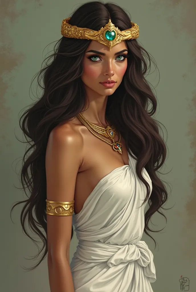 Asherah is a tall, slender woman with sun-kissed tan skin and striking turquoise eyes that shift between green and blue. Her sharp features are framed by long, voluminous dark brown hair that cascades down to her waist in loose waves. A subtle yet intense ...