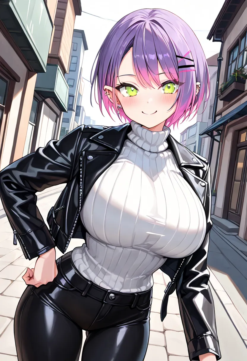 (Best Quality , 8k , masterpiece , incredibly absurdres , perfect body , super detailed skin , highly detailed eyes and face , 1 woman ) , tokoyami towa , purple Hair , Green eyes , smile ,  will be happy , ( black leather jacket , white turtleneck sweater...