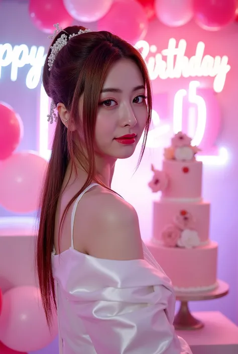 a tall girl with beautiful korean face, pale skin, red lips, a bit smile, wearing white luxury shining shimmering long sleeves dress with accessories on dress. hair chignon style brown hair with accessories pendant necklace. background neon pink fuschia an...