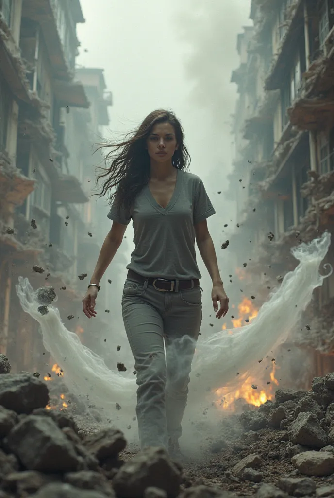 A woman wearing grey shirt and trouser pulling an invisible transparent manout of the fire and rubble and collapsed building