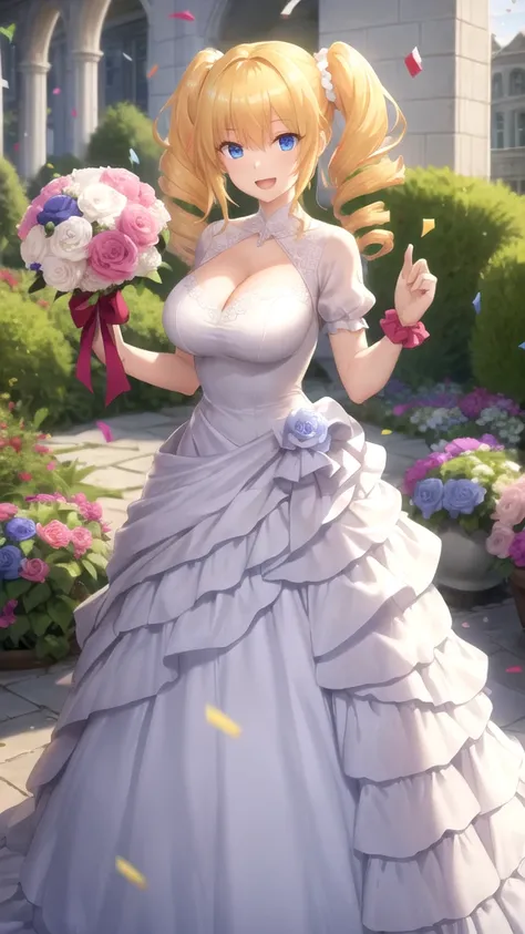 Masterpieces, Best Quality, girl, looking at viewer, Phenex Ravel, blonde hair, blue eyes, twintails, drill hair, hair scrunchie, large breasts, wedding Dress, standing, garden, confetti, holding bouquet, smile, open mouth 