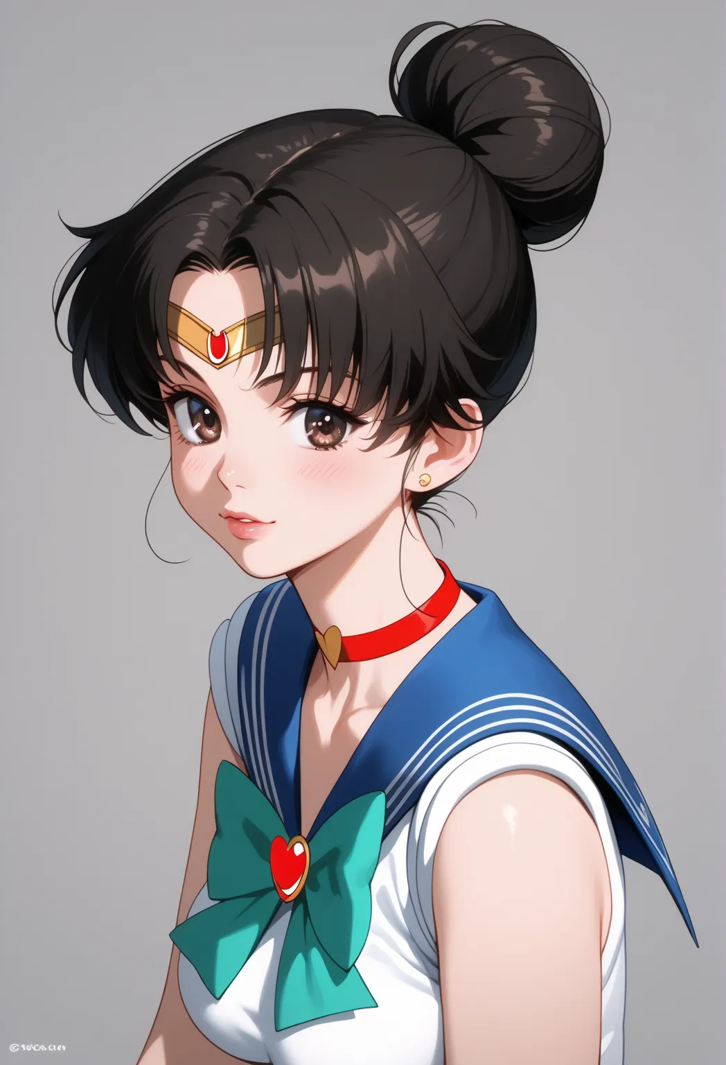 Create a girl with curly black hair up to her waist with sailor Venus clothing from Sailor Moon, I want her to have a face like one of shame, big boobs a very nice and detailed face without a background. With her nails painted black, dark brown eyes and th...