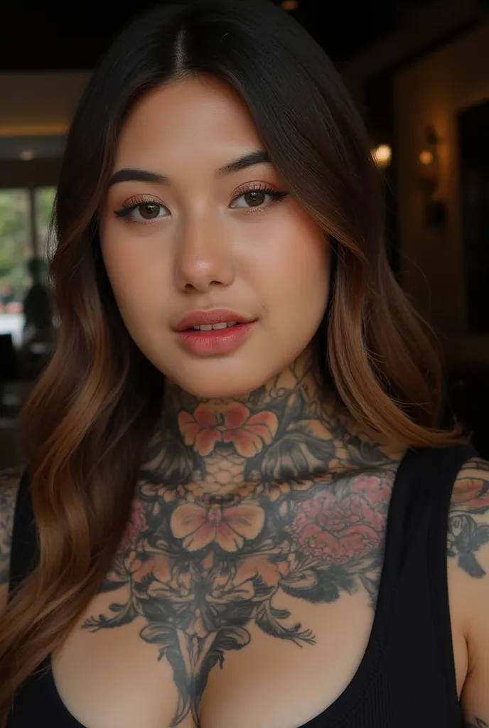 A close-up photo of AlyssaAnanta. She is looking at the viewer with bright and loving eyes. Huge breast, a lot of tatoo, very detailed. She is wearing a tanktop . Hasselblad H6D-400c MS, low exposure, high contrast, ISO 100, with a 120mm macro lens.