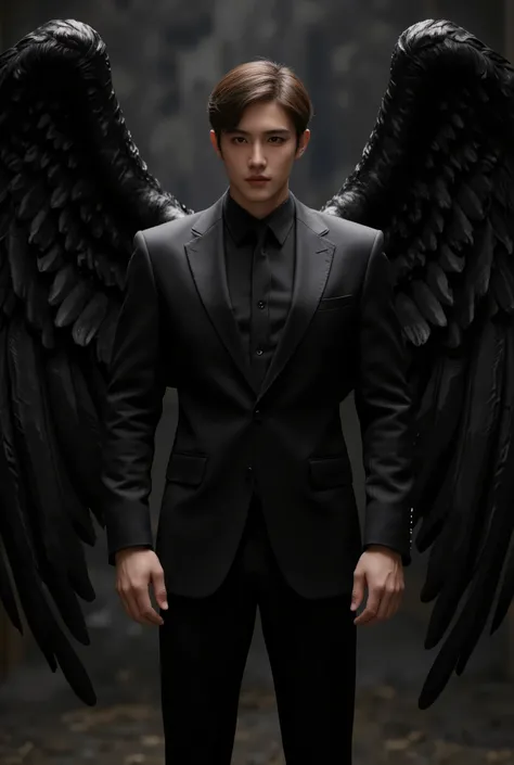 Handsome man with black suit, black angel wings