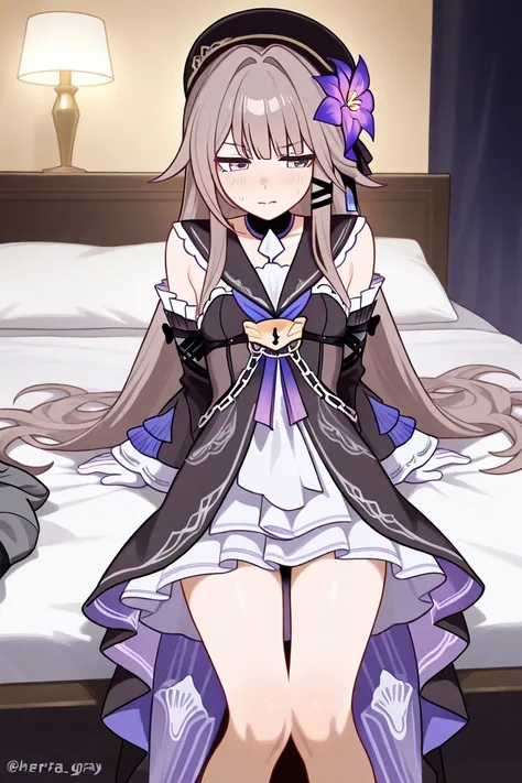 Herta embarrassed gray hair dress purple eyes honkai star rail , Leaning on a bed and boy Caelus gray hair yellow eyes Honkai Star Rail having sex in a hotel scenes from comics