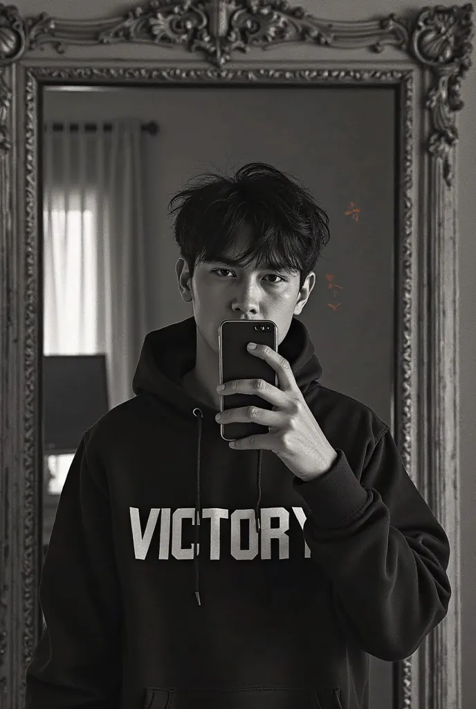 A young man with short, disheveled hair takes a selfie in the mirror with his phone. Wear a hoodie with the word "victory" printed in large letters. The image is in black and white. The mirror has an ornate frame with textured details. Behind the young man...