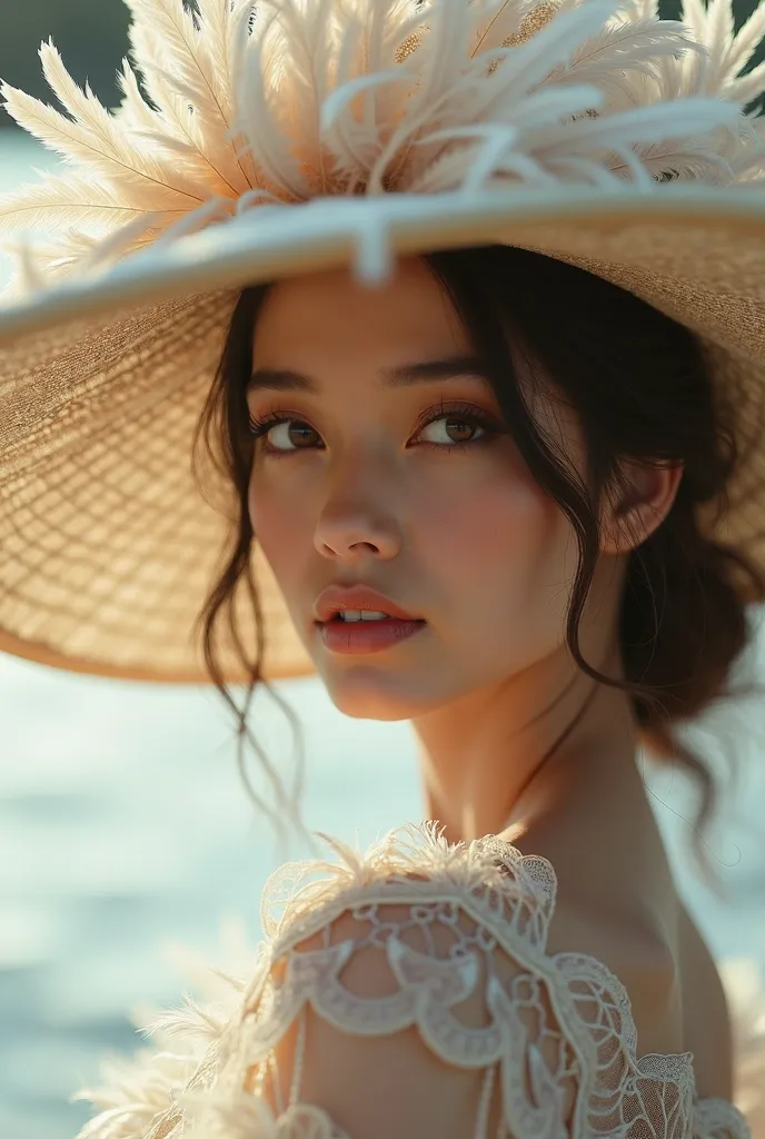 Beautiful woman wearing American Indian feather hat