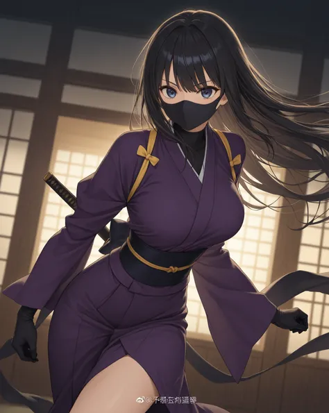 A ninja, High resolution, Super detail, Long hair, Black hair, mask,  anime Illustration Depth of Field,  Shortening of the perspective, illustration, anime style, hair, gloves