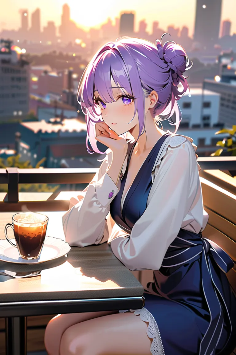  1giri,  (masterpiece, best quality, ultra-detailed, 8k),  
(A graceful high school girl with silver-blue wavy medium-length hair, deep blue-violet eyes, exuding intelligence, freshness, and elegance),  
Sitting at a **scenic terrace café** during a peacef...