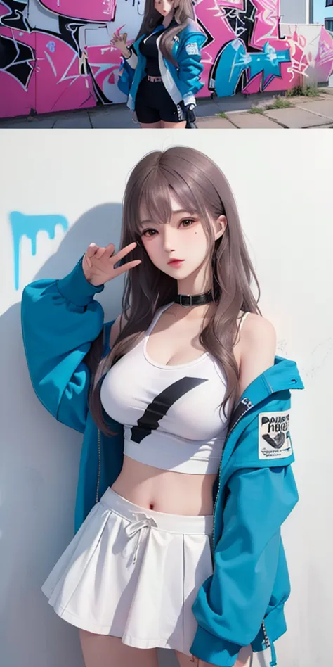 (highest quality), masterpiece, Highly detailed CG uniform 8k illustration, high collar, extremely high collar saturation, all colors deepened, paint, graffiti art, Center configuration, Highly detailed light and shadow, graffiti wall, wall painted bright,...