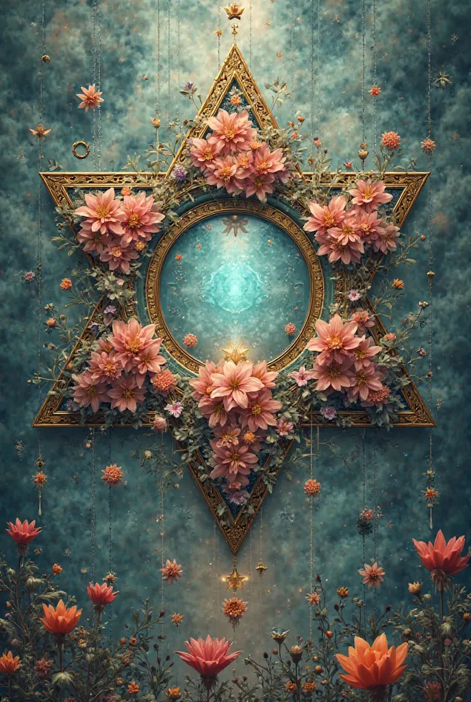 A symbol with the Star of David, a circle, an eye and also inside the Star of David, a mirror surrounded by flowers and love.