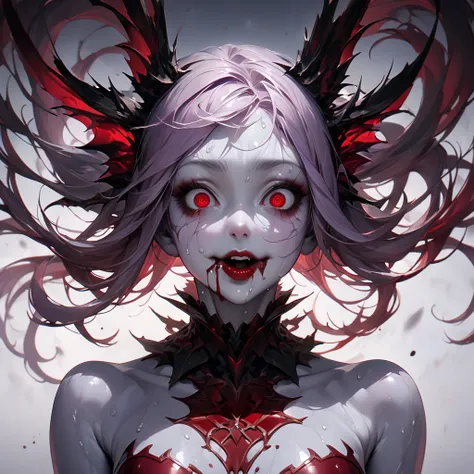 A young and beautiful woman ,(Best Quality,extremely detailed depiction,INCREDIBLY HIGH RESOLUTION,anatomically accurate depiction),( shiny skin,Porcelain Skin),(Female Vampire,white soft dress,4 Red Black Tails), eyelashes,sweat,(Red-black eyes, verticall...