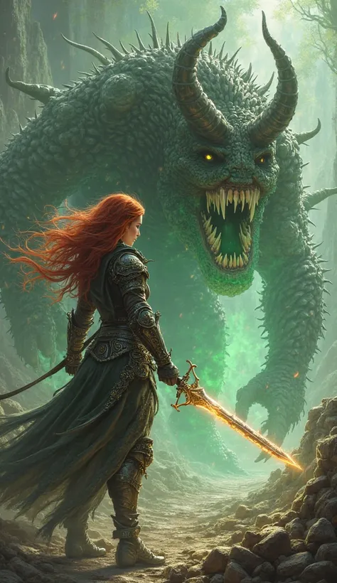 A female warrior with long wavy red hair, green eyes, wearing chain mail, holding a long sword that has a radiant light on the blade, fighting with a mimic coming out of a chest in the RPG world. 