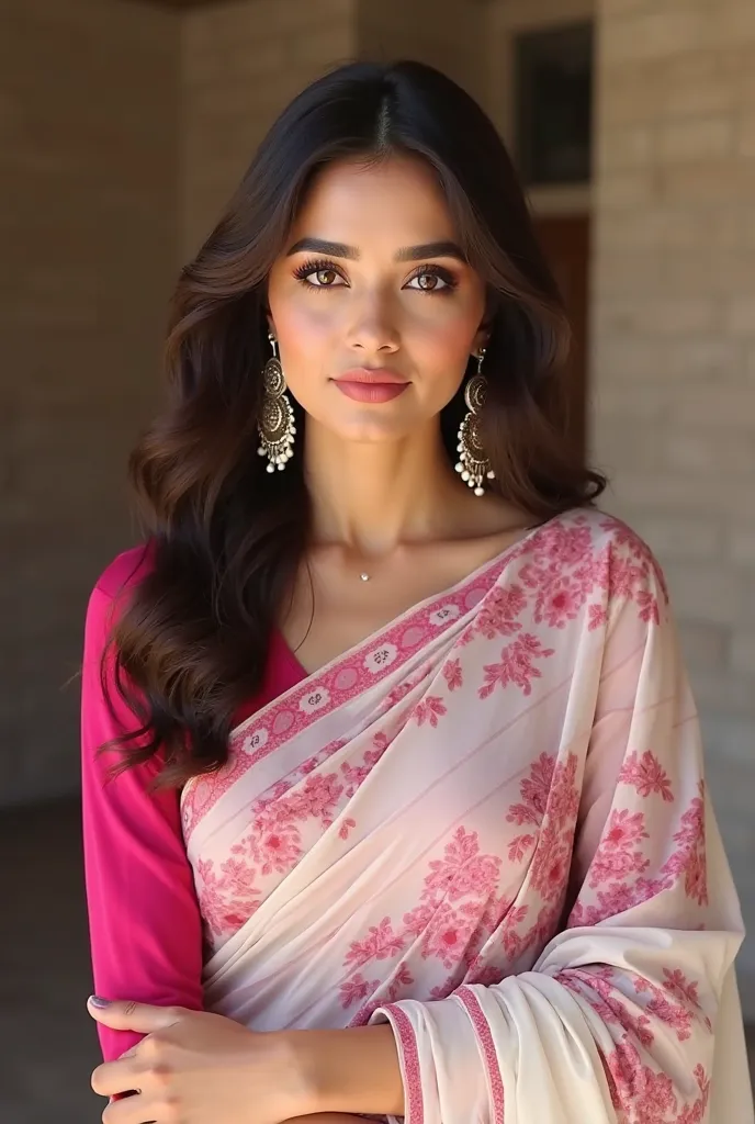 Beautiful turkish-pakistani woman beautiful brunette with light brown eyes cute makeup thick eyelashes wearing hotpink blouse elbow length sleeve and white floral saree with pinkwhite combination, very elegant saree classy and light simple jhumka wavy hair...