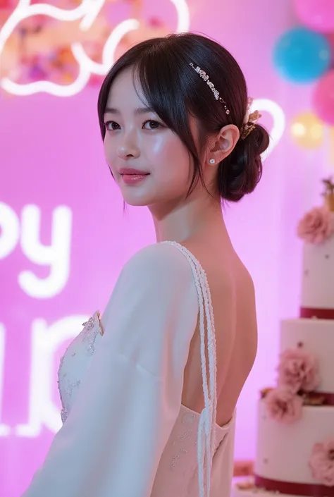 a tall girl with beautiful korean face, pale skin, red lips, a bit smile, wearing white luxury shining shimmering long sleeves dress with accessories on dress. hair chignon style brown hair with accessories pendant necklace. background neon pink fuschia an...