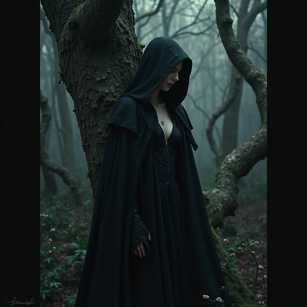 a female demon, wearing a black cloak, hooded cloak, eyes closed, in a dark forest, leaning against a tree, taking a realistic photo